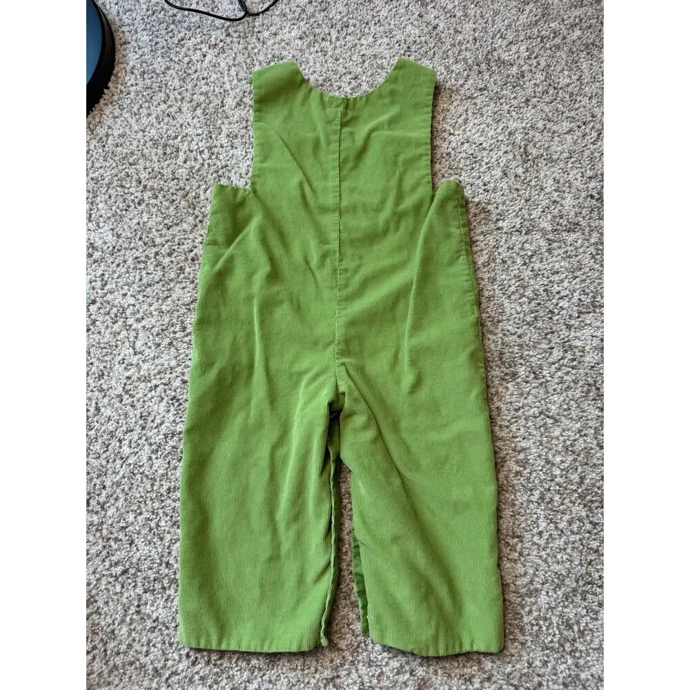 MANO Handmade Christmas Smocked Reindeer Sleigh Green Corduroy Overalls 2T